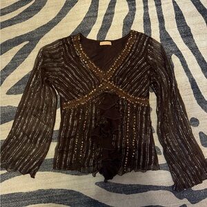 Embellished Brown V-Neck Women's Top with Ruffle Front